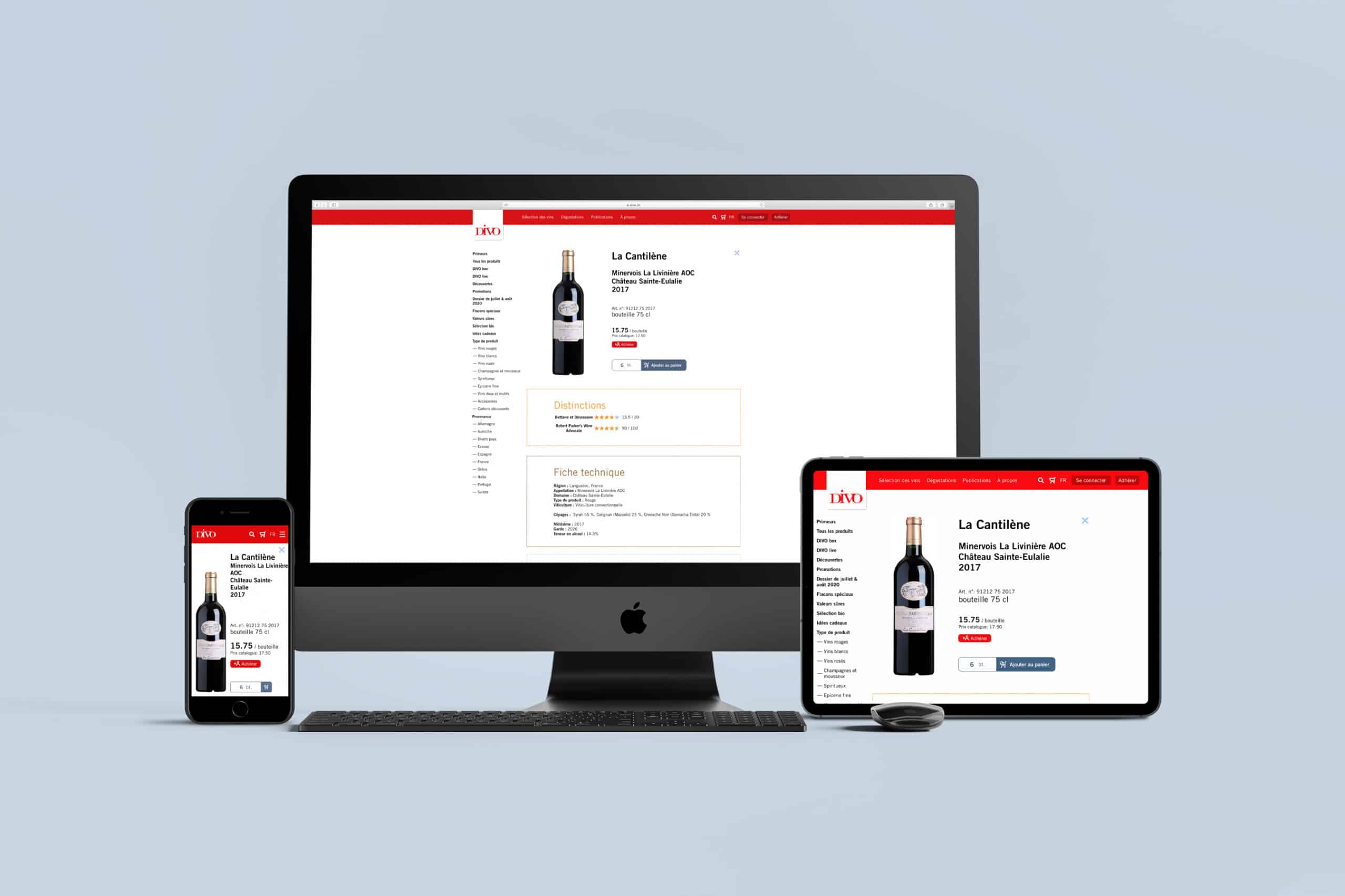 Page de détail du vin La Cantilène sur le site DIVO.ch sur ordinateur, tablette et mobile.