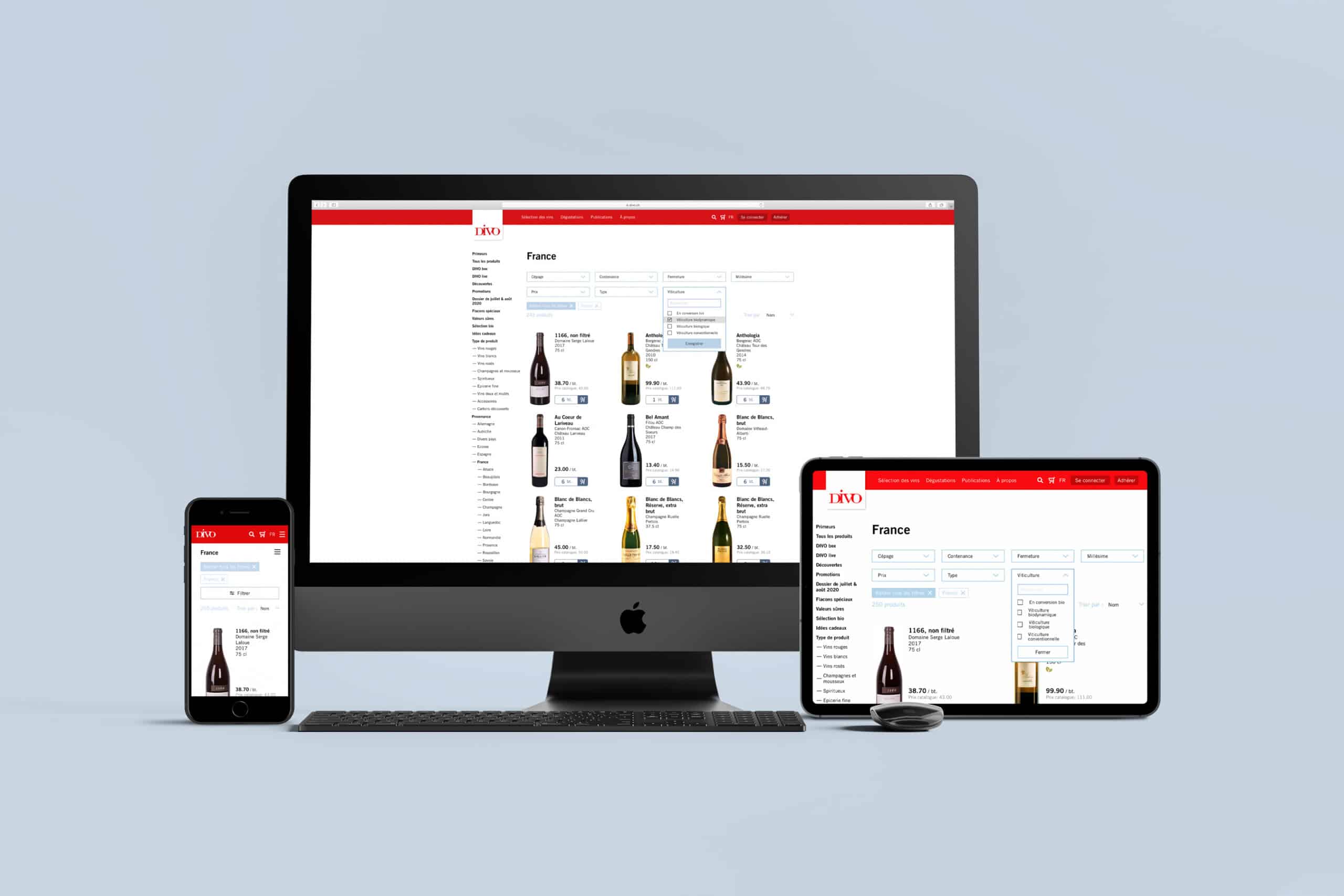 Page de listing des vins du site DIVO.ch sur ordinateur, tablette et mobile.