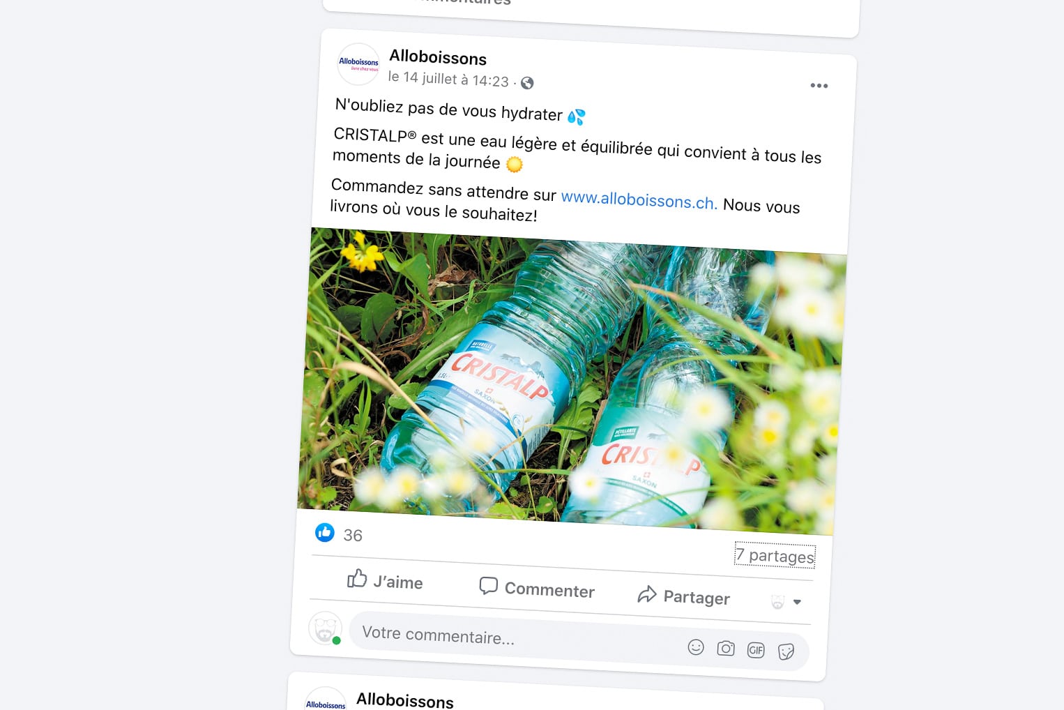 Publication Facebook réalisée pour Alloboissons et mettant en avant l'eau minérale Cristalp.
