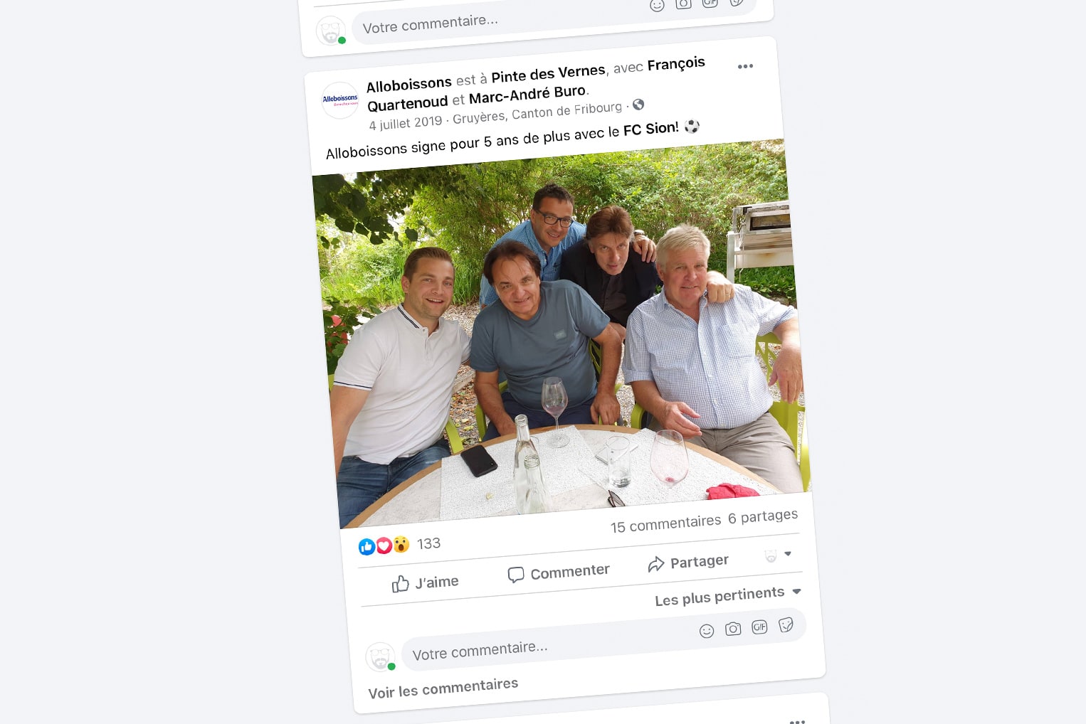 Publication Facebook réalisée pour Alloboissons dans le but de communiquer la signature d'un contrat de sponsoring de 5 ans avec le FC Sion, avec la présence de Christian Constantin.