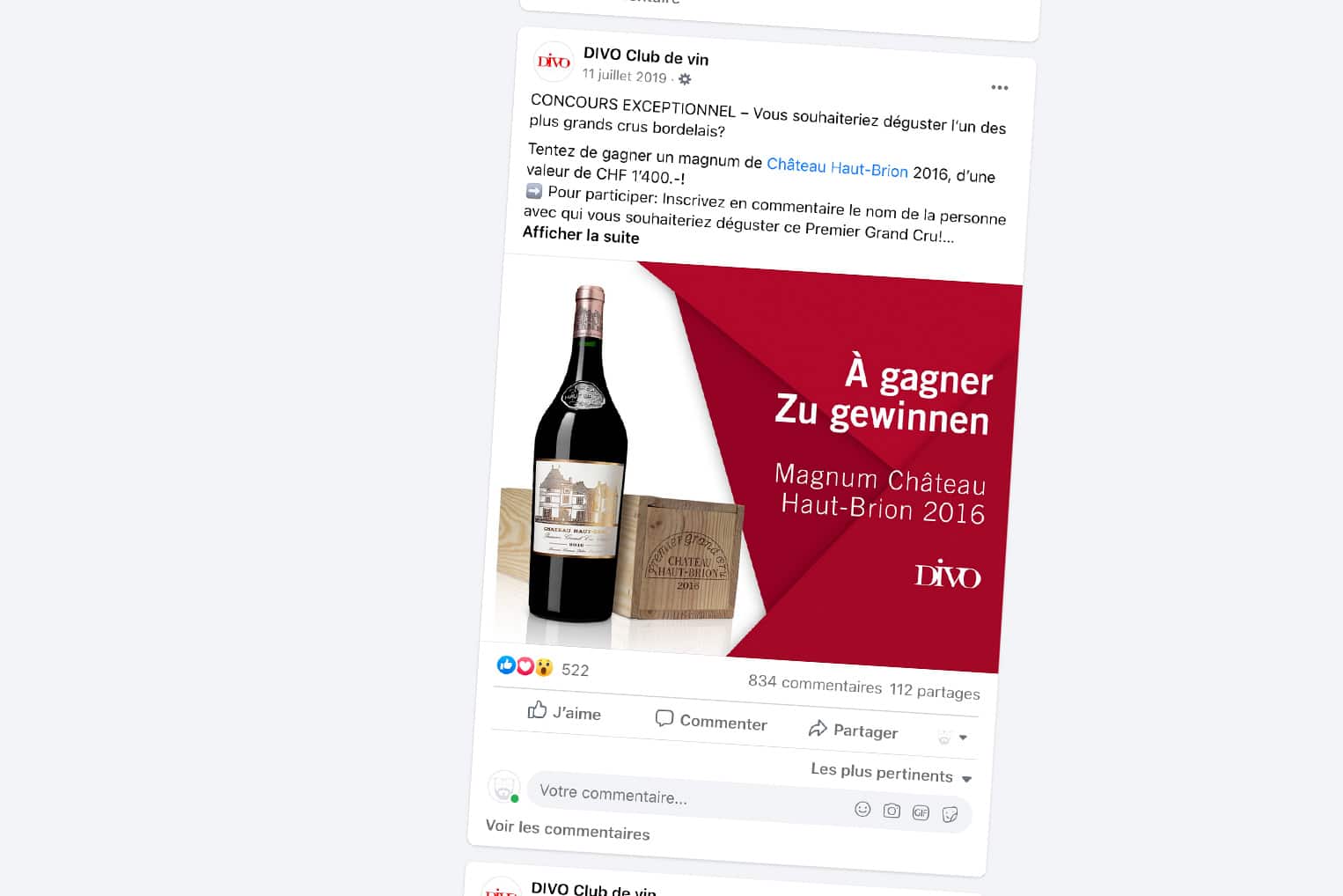 Publication Facebook réalisée pour un concours du club de vins DIVO qui fait gagner un magnum de Château Haut-Brion.