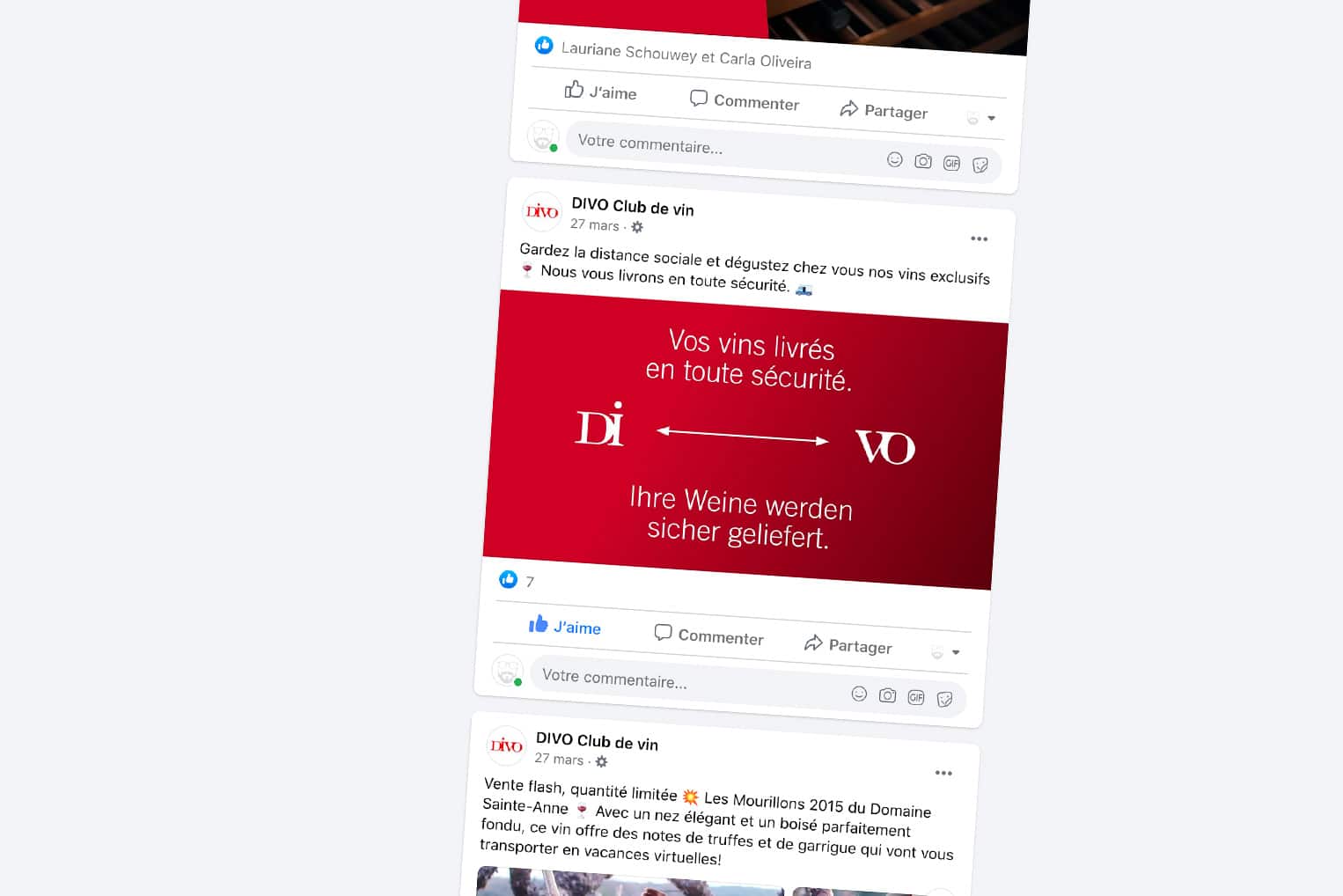 Publication Facebook réalisée pour le club de vins DIVO à l'occasion de l'annonce des mesures barrières pour limiter la propagation du nouveau coronavirus.