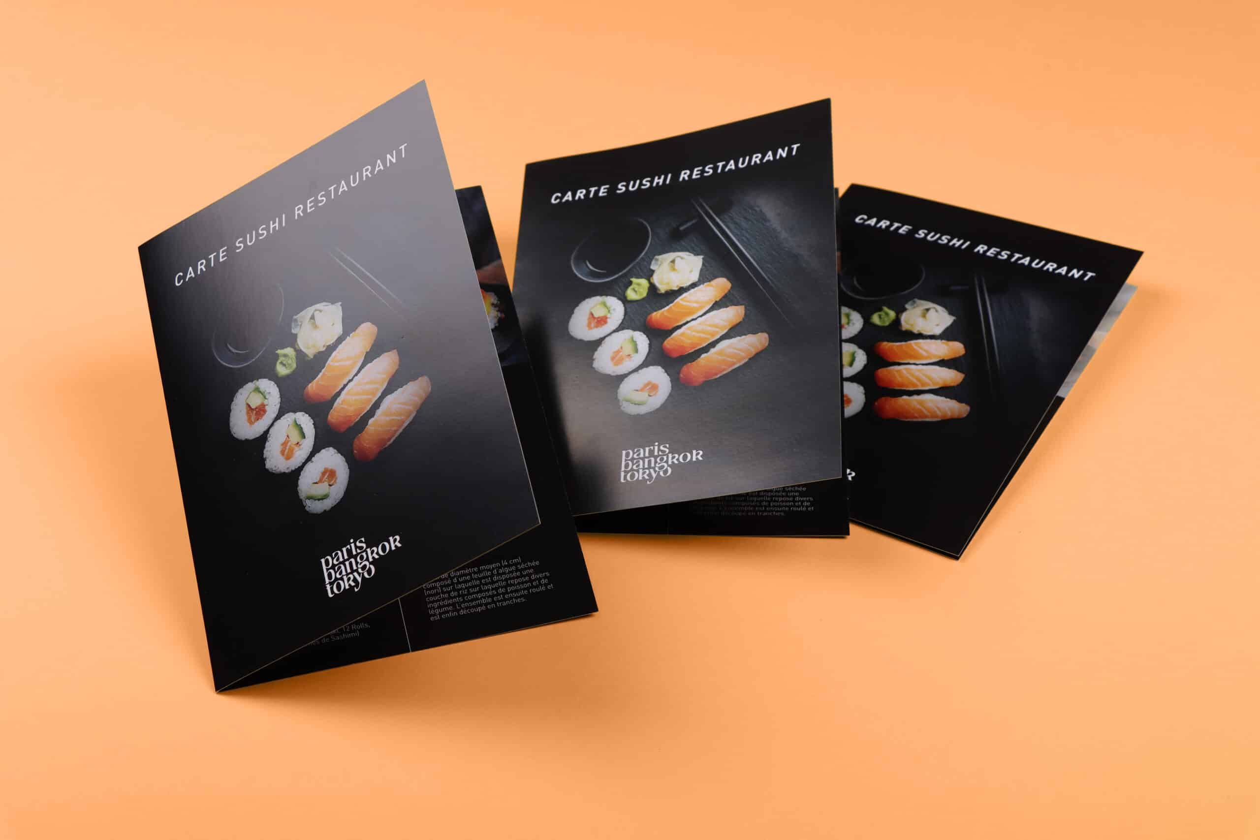 Trois cartes de sushis pour le restaurant Paris Bangkok Tokyo de Bulle.
