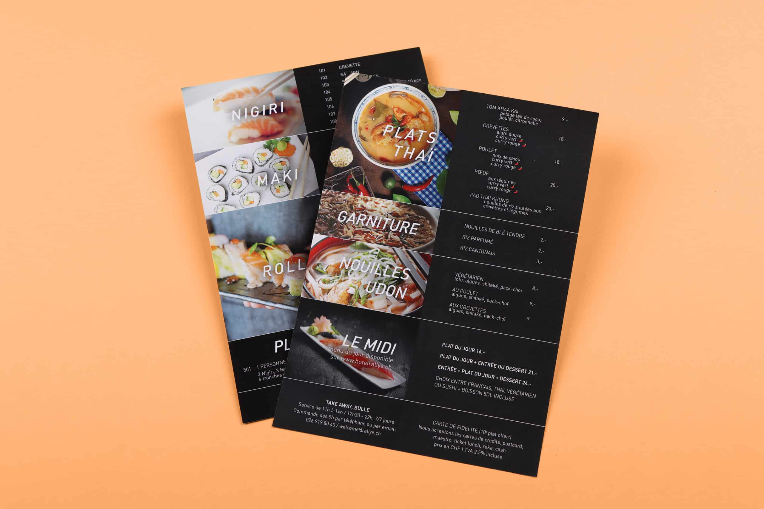 Carte de sushis recto-verso pour la commande en take-away au restaurant Paris Bangkok Tokyo de Bulle.