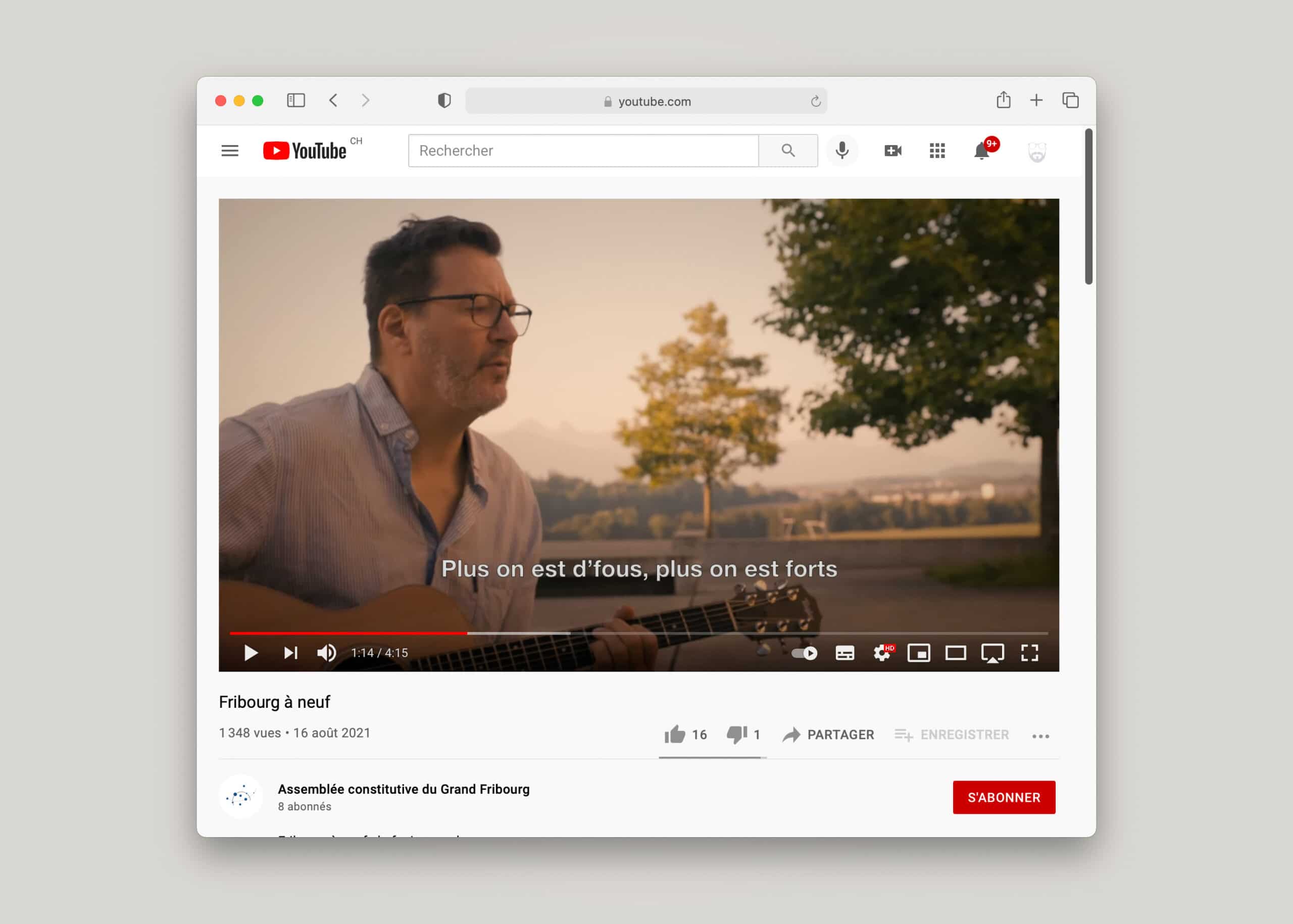 Fenêtre YouTube avec la vidéo musicale de promotion de la fusion du Grand Fribourg.