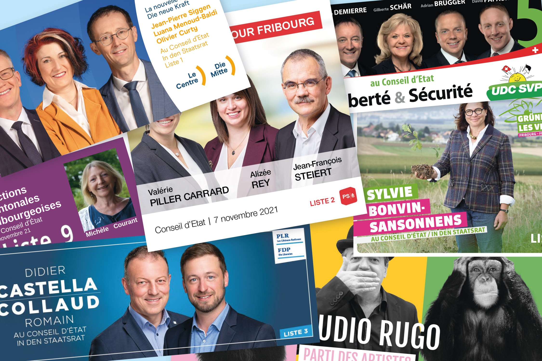 Florilège des affiches de l'élection cantonale fribourgeoise de novembre 2021.