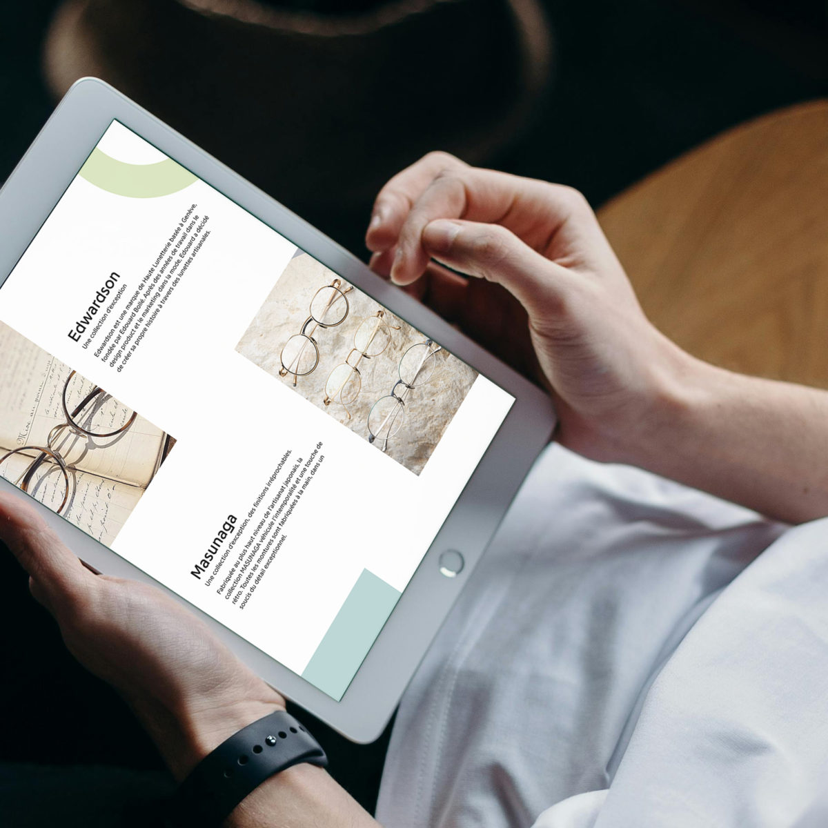 Page de présentation des fabricants de lunettes sur le site Optique Messerli, depuis une tablette.