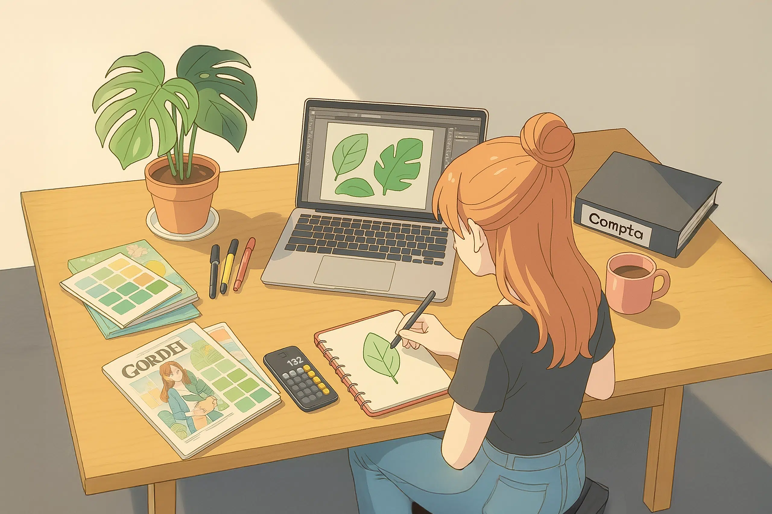 Une graphiste travaille avec une calculatrice et un classeur de comptabilité sur son bureau.
