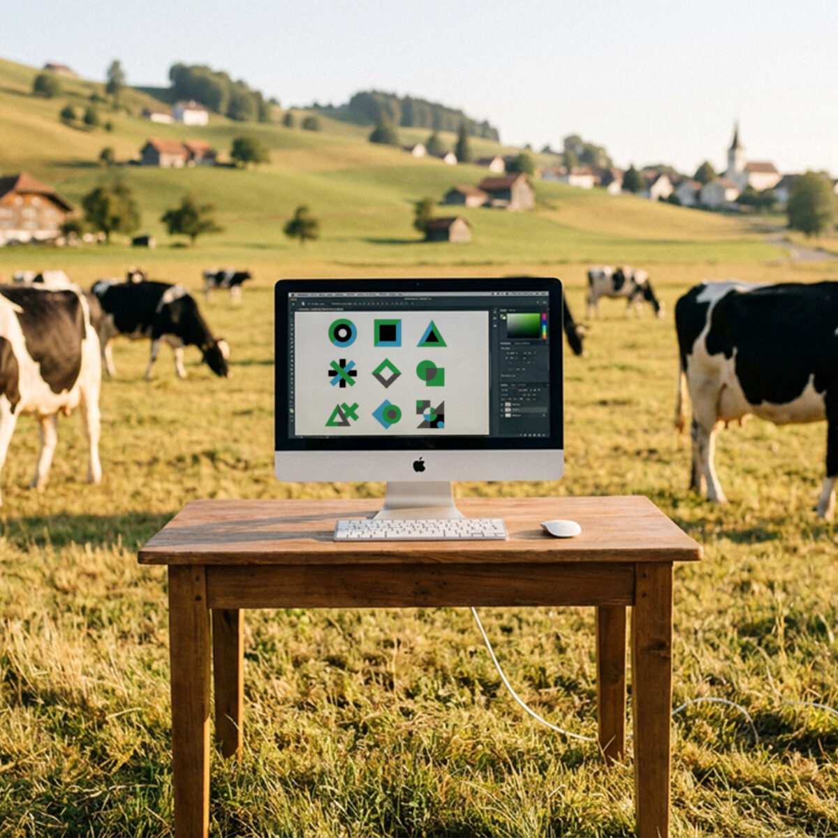 Un iMac posé sur une table en bois au milieu d'un pâturage fribourgeois, entouré de vaches. L'écran affiche neuf variantes de logos géométriques en cours de création dans un logiciel de design graphique. Une mise en scène décalée pour illustrer la création d'un logo par une agence de communication de Fribourg.