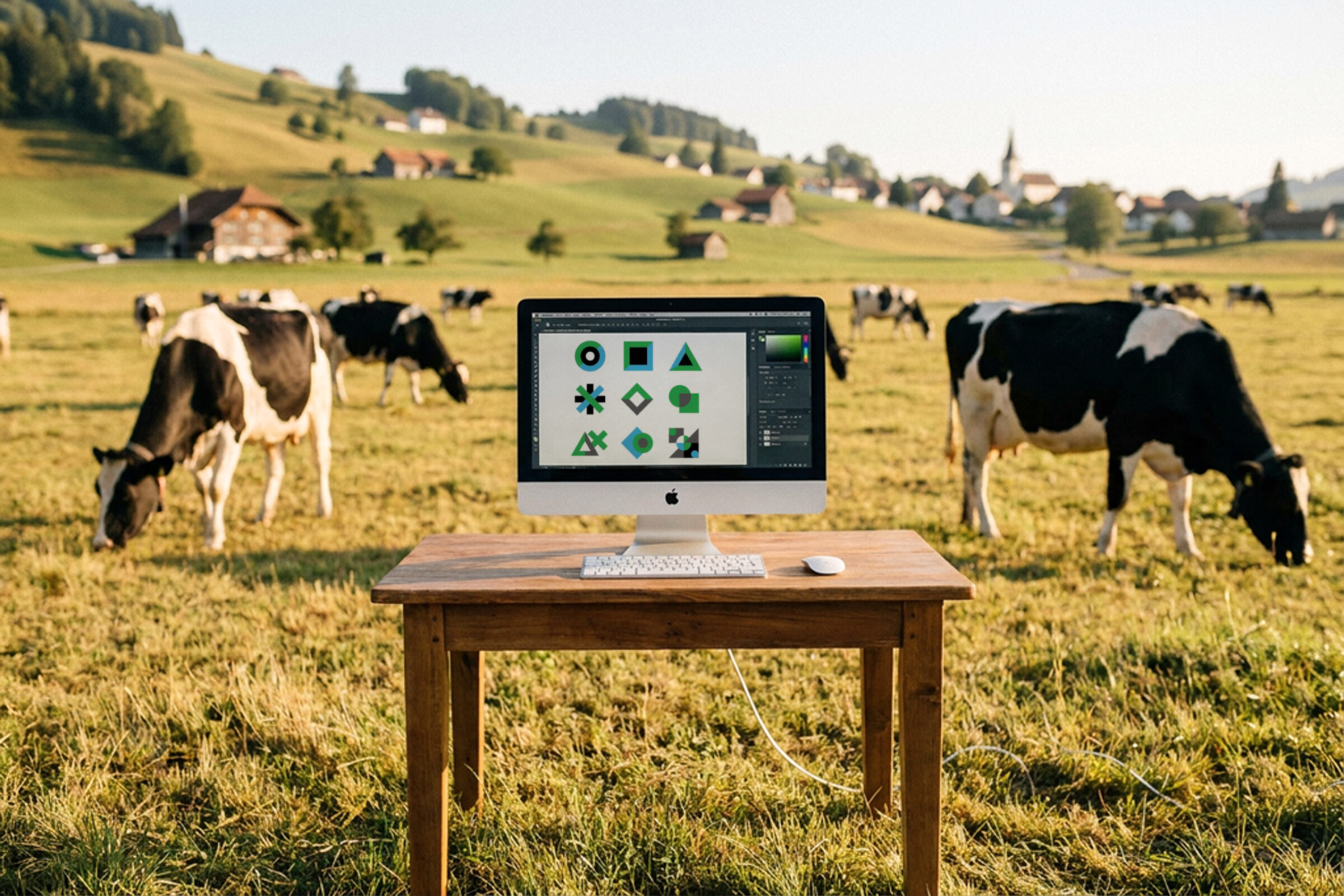 Un iMac posé sur une table en bois au milieu d'un pâturage fribourgeois, entouré de vaches. L'écran affiche neuf variantes de logos géométriques en cours de création dans un logiciel de design graphique. Une mise en scène décalée pour illustrer la création d'un logo par une agence de communication de Fribourg.