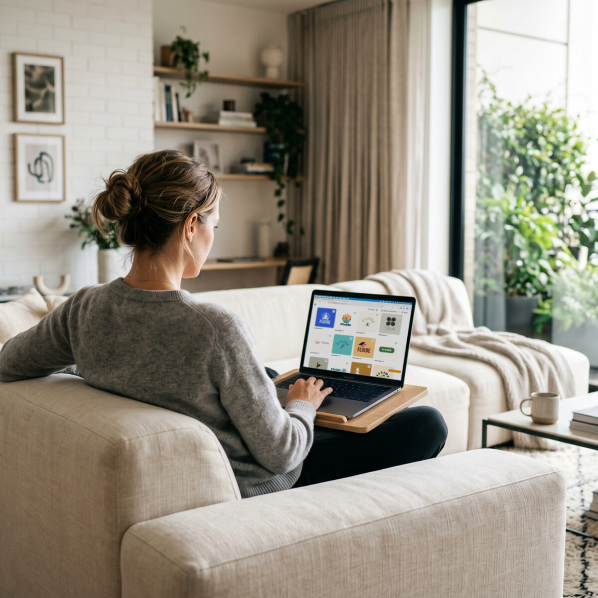 Vue de dos d'une femme assise en tailleur sur un canapé, dans son salon, en train de tenter de se créer un logo gratuit son ordinateur portable.