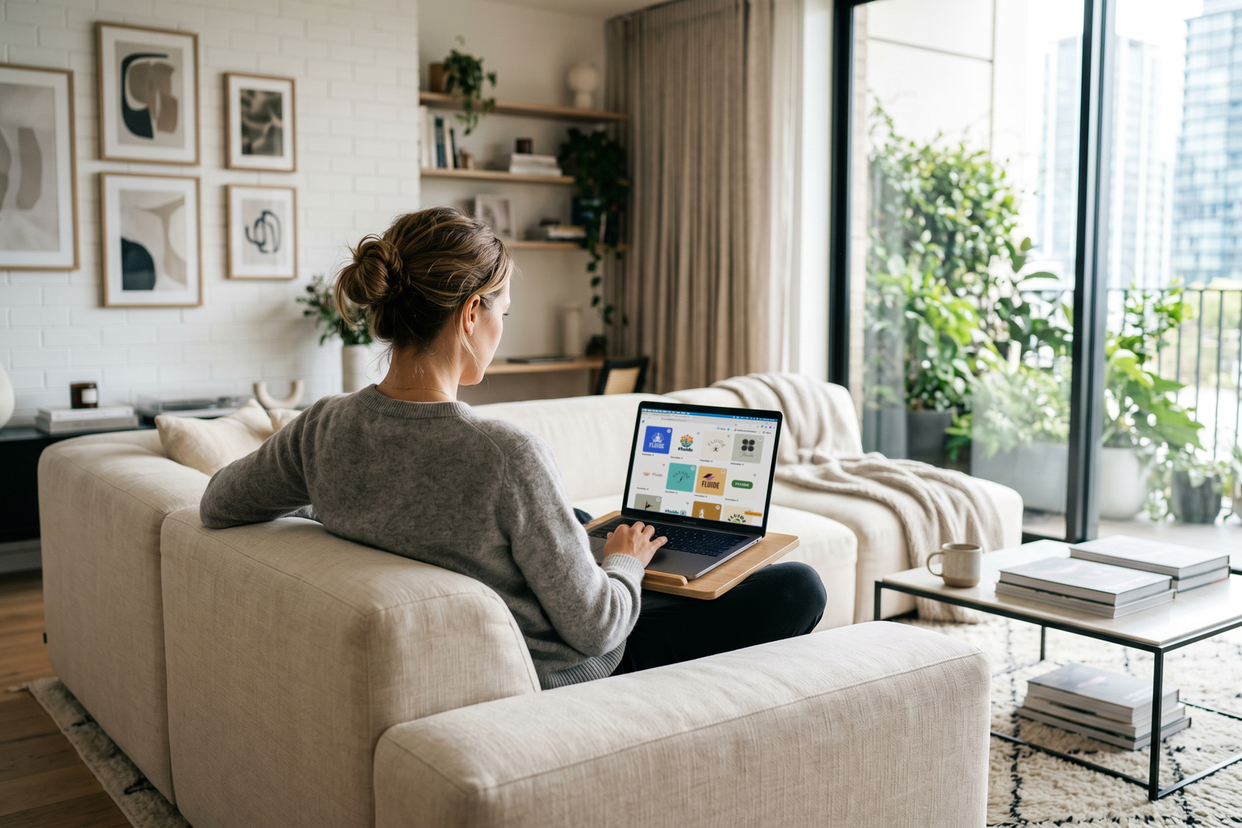 Vue de dos d'une femme assise en tailleur sur un canapé, dans son salon, en train de tenter de se créer un logo gratuit son ordinateur portable.