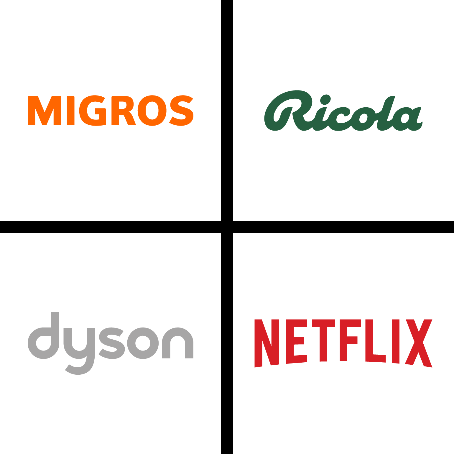 Exemples de logotypes: Migros, Ricola, LEGO et Netflix.