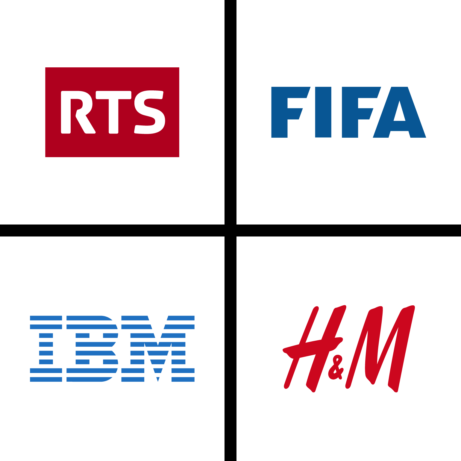 Exemples de logotypes avec des sigles: RTS, FIFA, IBM, H&M.