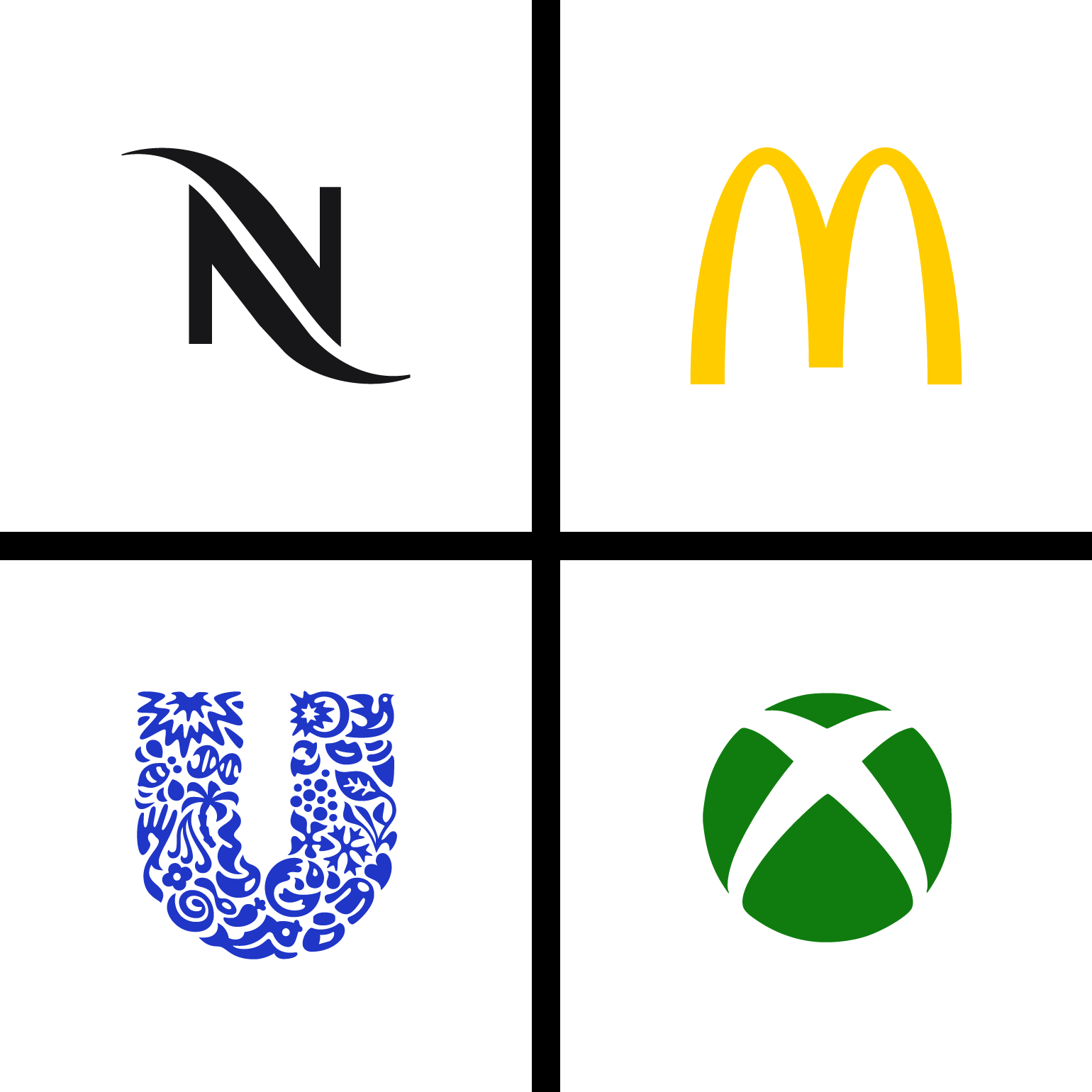 Exemples de lettermark: Nespresso, McDonald's, Unilever, Xbox.