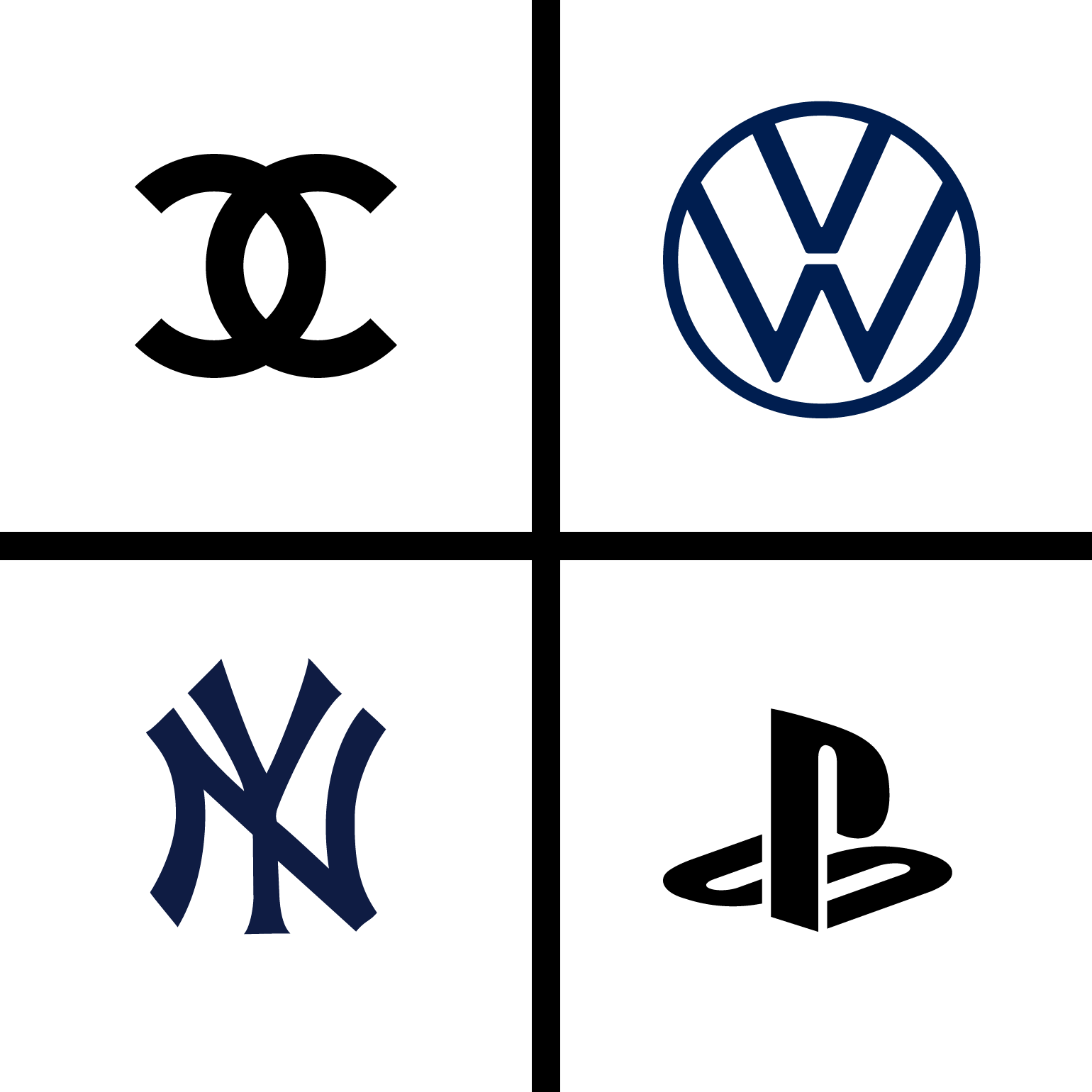 Exemples de monogrammes: Chanel, Volkswagen, NY Yankees, PlayStation.