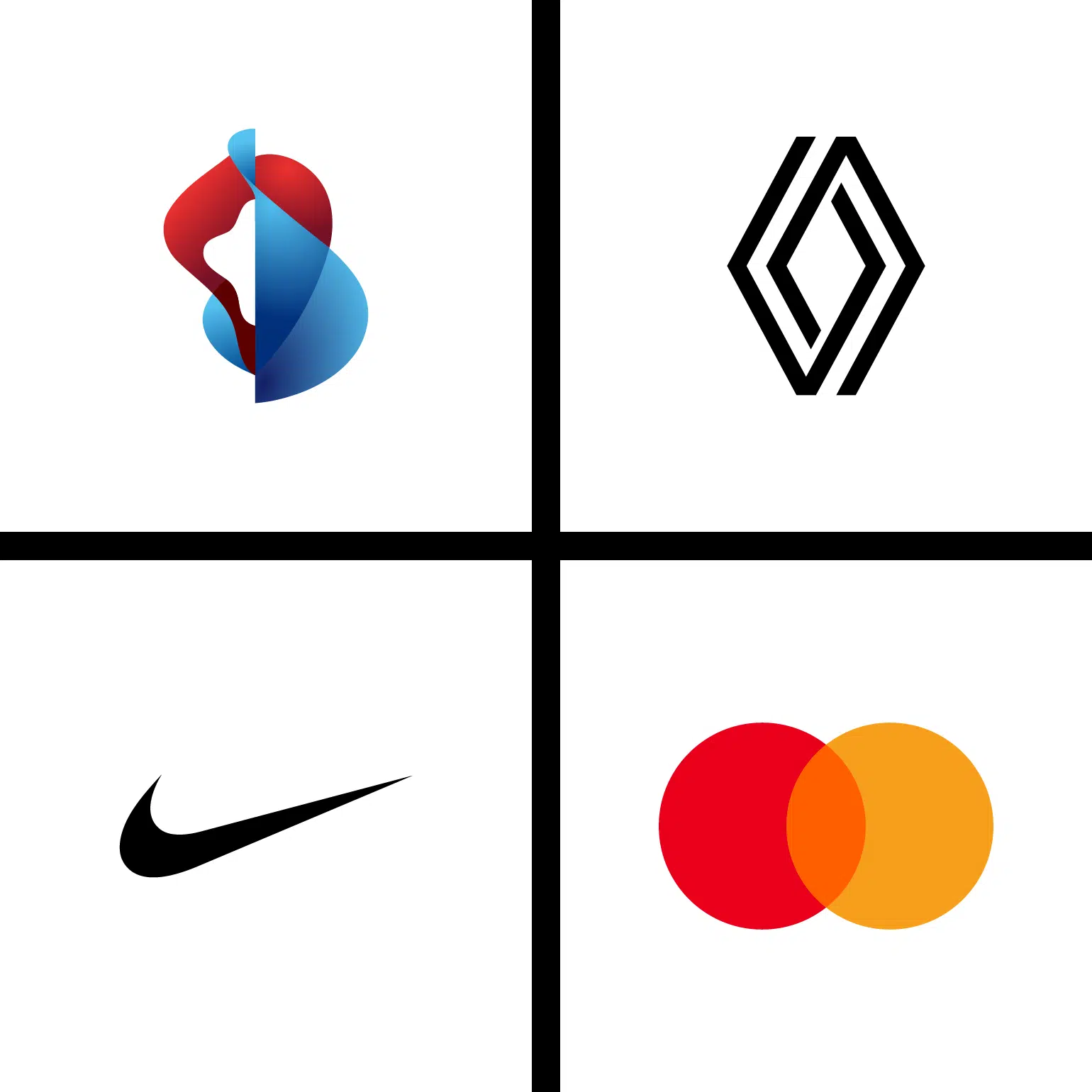 Exemples de symboles abstraits: Swisscom, Renault, Nike, MasterCard.