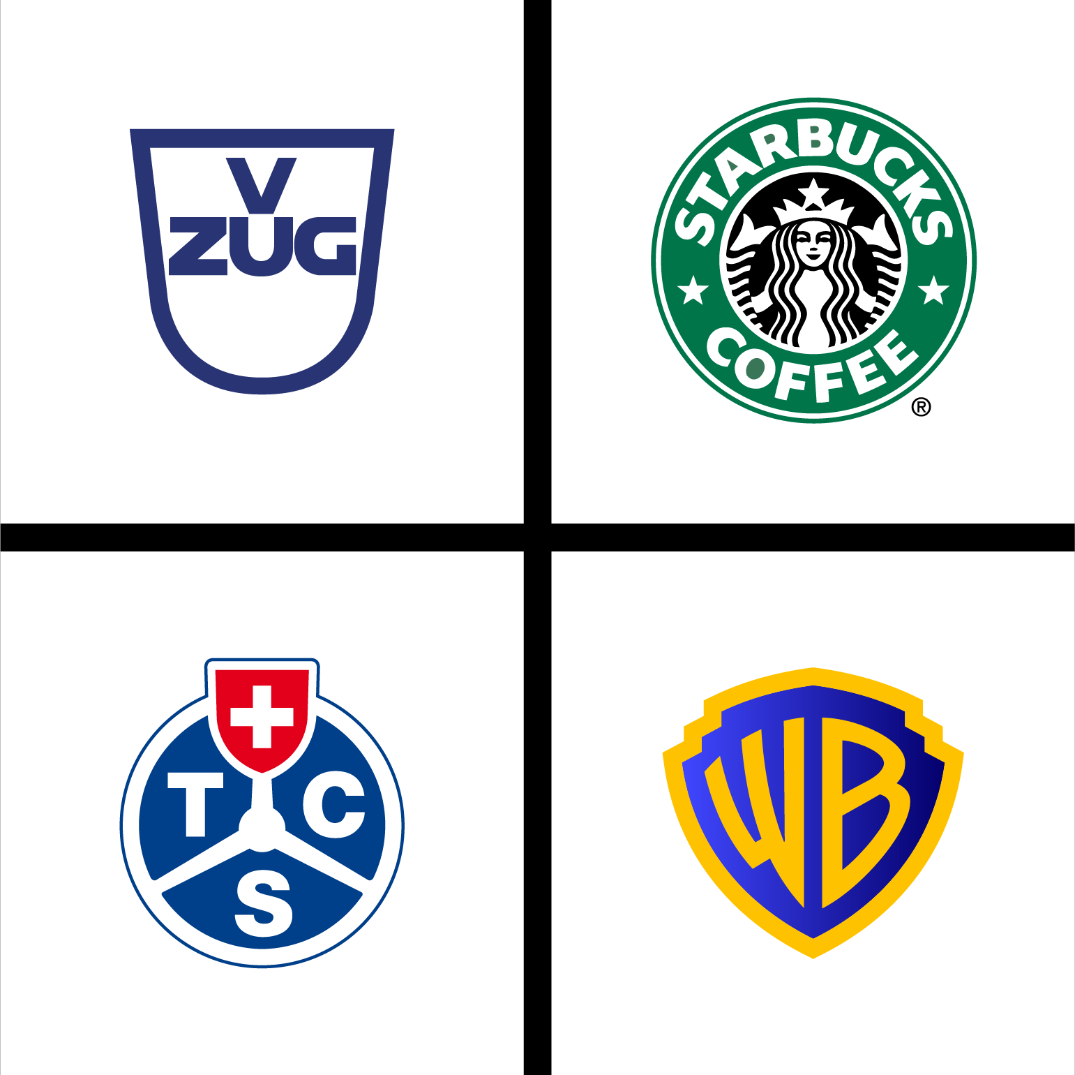 Exemples d'emblèmes: V Zug, Starbucks, TCS, Warner Bros.
