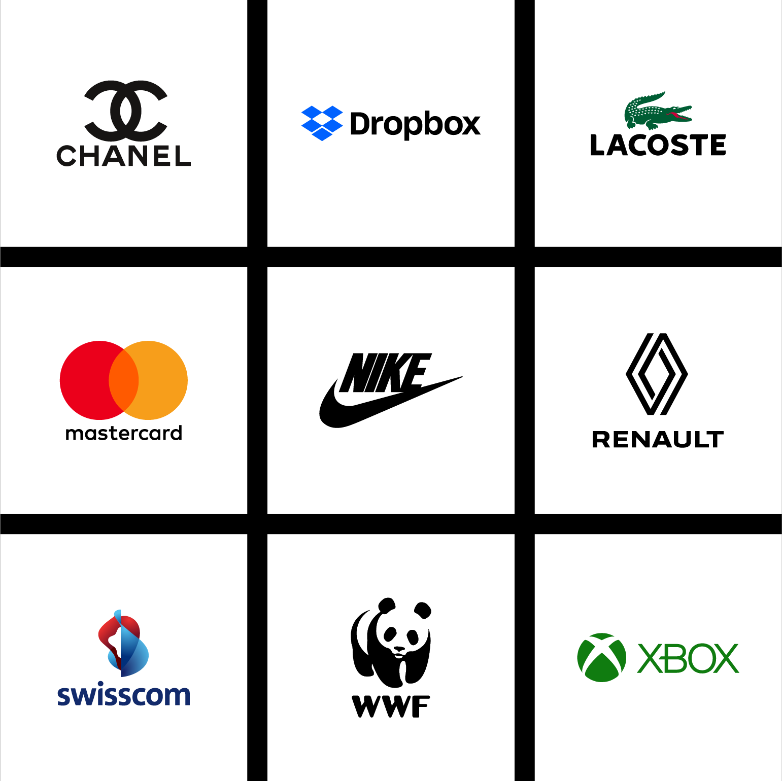Exemples d'assemblages de logos: Chanel, DropBox, Lacoste, MasterCard, Nike, Renault, Swisscom, WWF, Xbox.