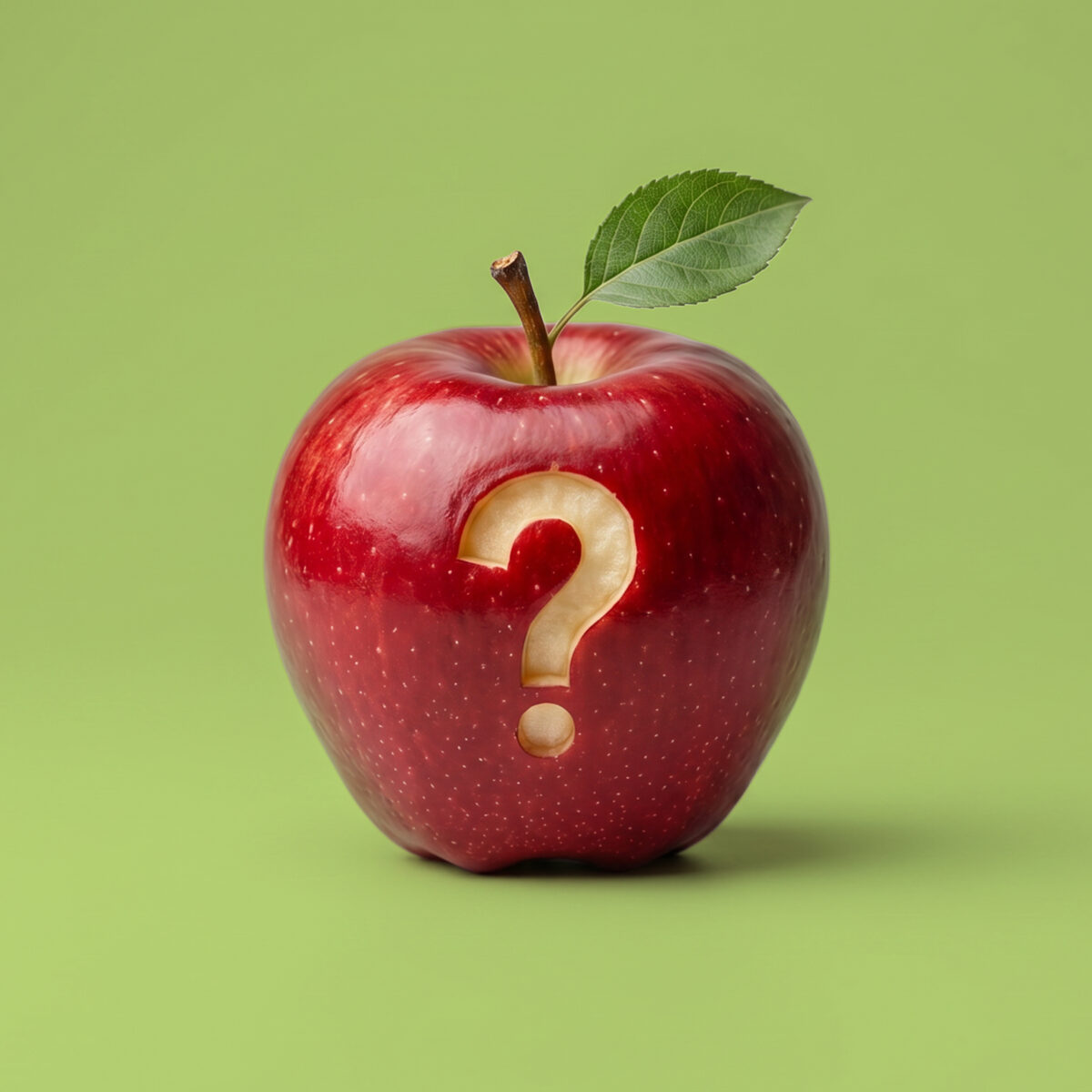 Pomme rouge avec un point d'interrogation gravé à sa surface, sur fond vert pomme.