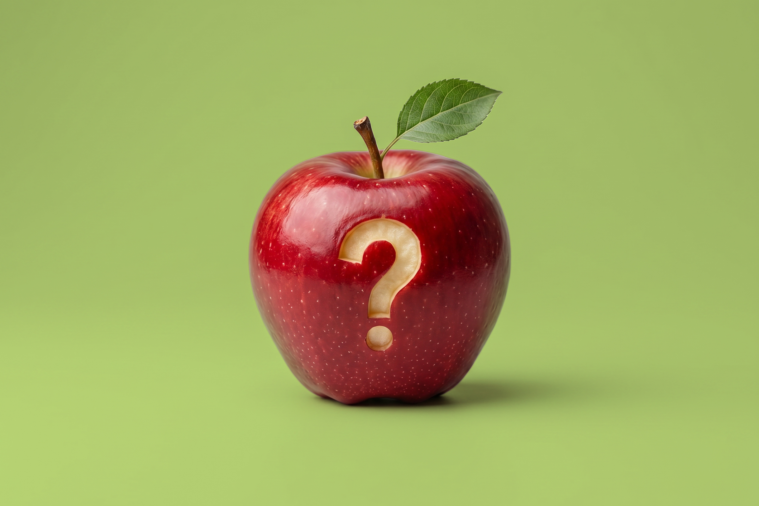 Pomme rouge avec un point d'interrogation gravé à sa surface, sur fond vert pomme.