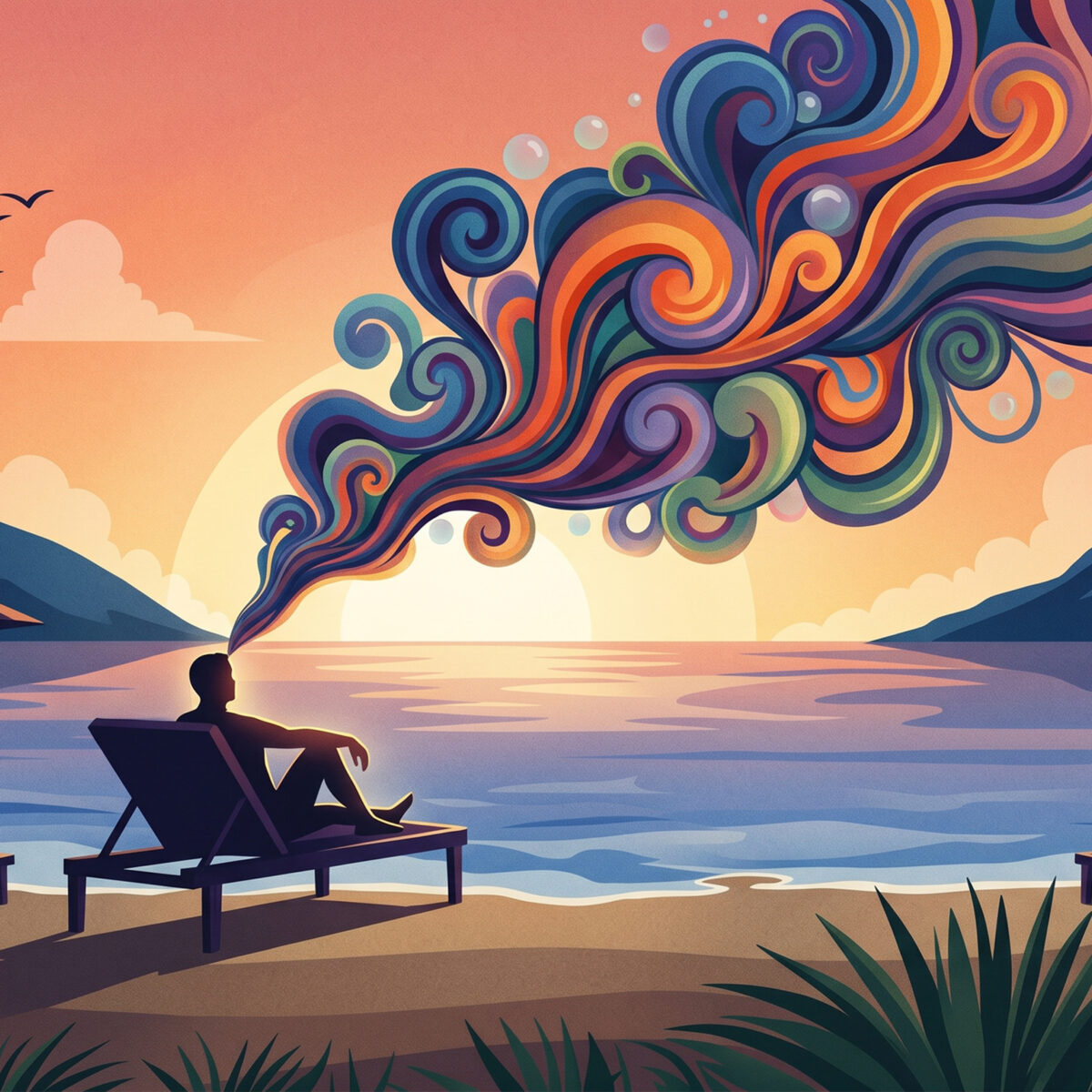 Un personnage allongé sur une chaise longue regarde un coucher de soleil sur une plage. Un flux coloré et créatif émane de sa tête, symbolisant l'inspiration.