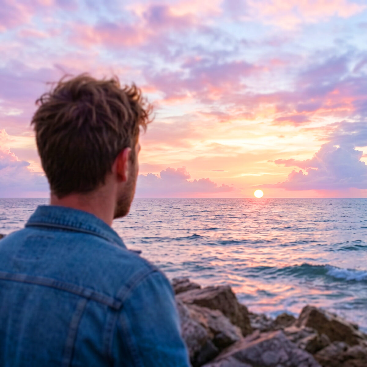 Une personne contemple le lever du soleil sur l'océan.