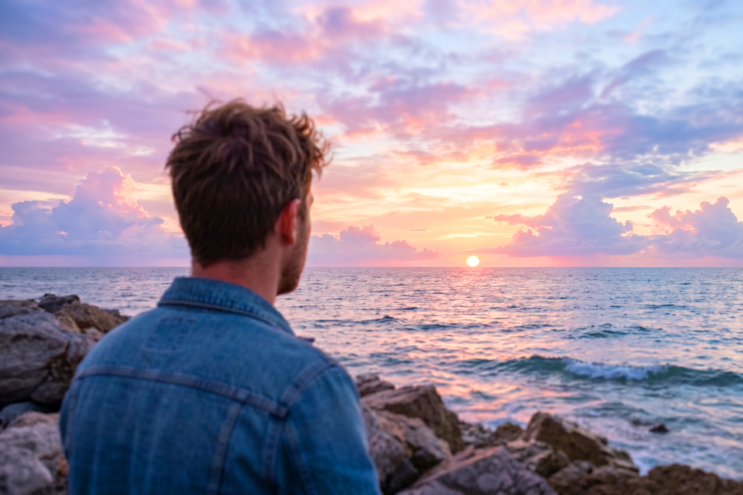Une personne contemple le lever du soleil sur l'océan.